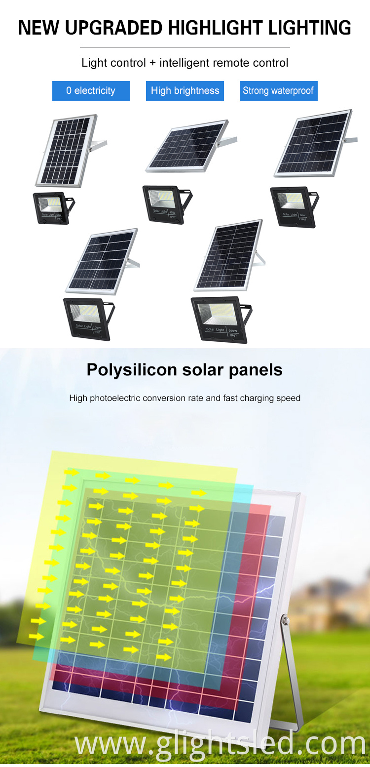 High efficiency remote control waterproof outdoor ip67 30 40 60 100 200 watt led solar floodlight